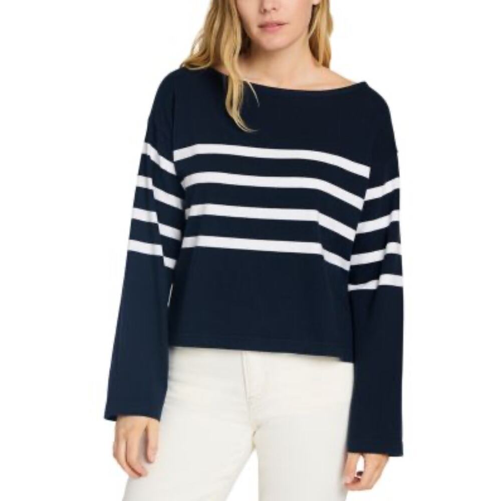 FAHERTY Cotton Sport Jersey Tee Boat Neck Nautical Stripes Navy Women’s Medium